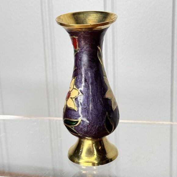 Vintage Brass Mini Bud Vase Hand Painted Floral Enamel Cloisonné Style 3” Small - Picture 4 of 7